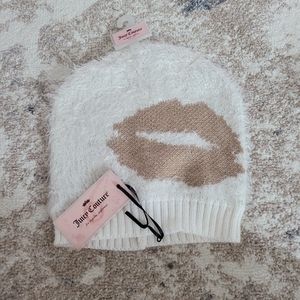 Juicy Couture Fuzzy White Beanie Hat with Lips